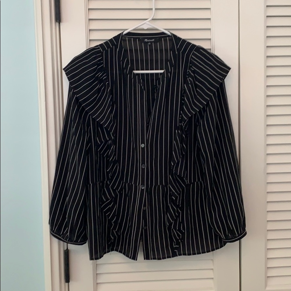 Black and white stripped button down with ruffles